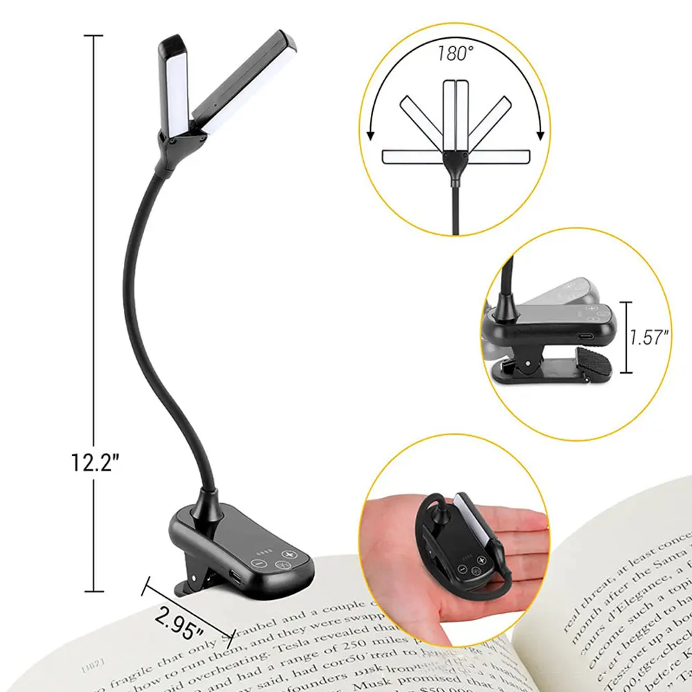 1pc 14 LED Clip on Book Light 3 Colors 8 Brightness Usb Rechargeable Night Light Portable Reading Light Book Lamp Mini Desk Lamp