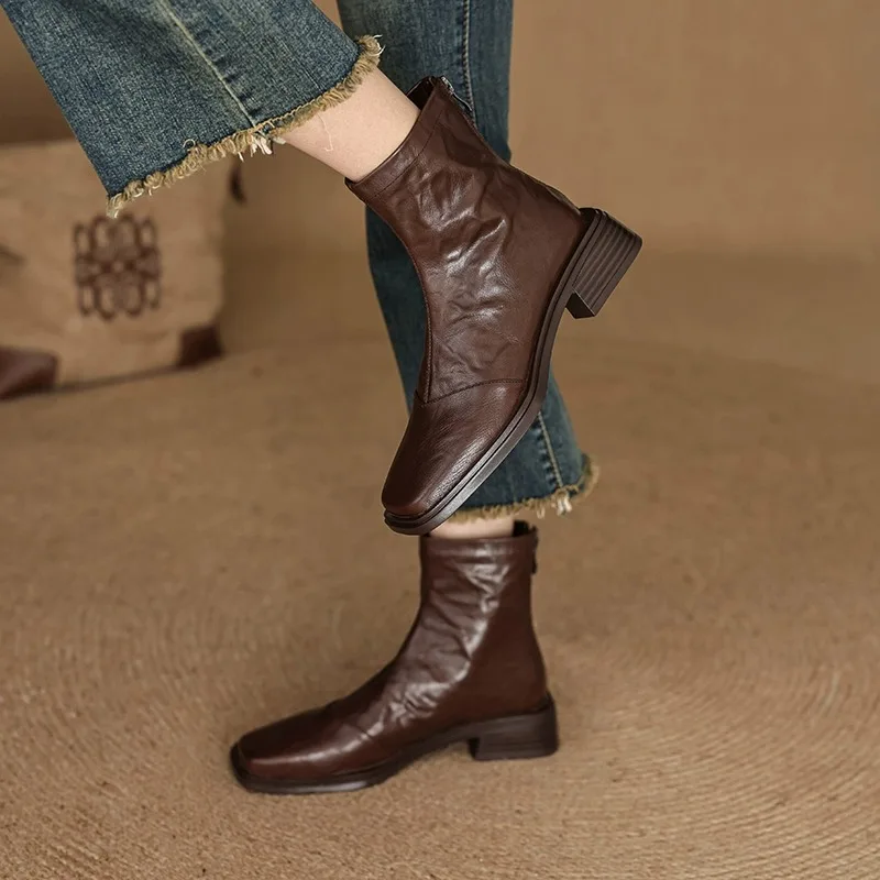 

Retro Versatile Square Toe Solid Ankle Boots Women's Shoes 2025 High Quality Autumn New Classics Square Heel Women's Boots