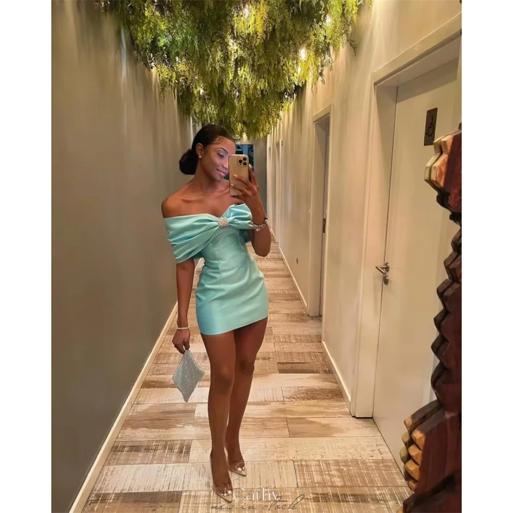 

Cathy Mini Cyan Bow Off Shoulder Prom Dress Sexy Short Sheath vestidos de noiva Customized Dresses For After Party And Cocktail