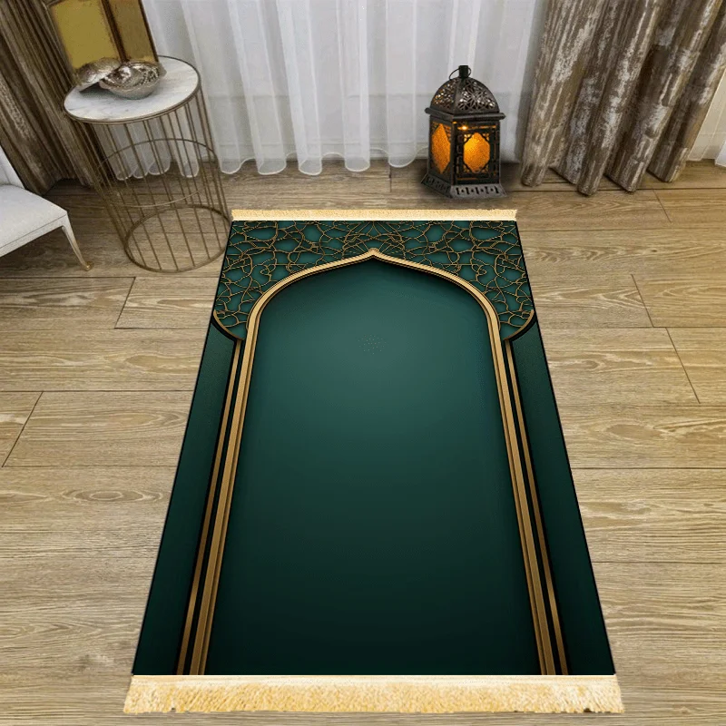 VIKAMA Teal Gold Arch Prayer Rug Retro Luxury Worship Mat Yellow Tassel Islamic Prayer Carpet for Home Living Room Bedroom