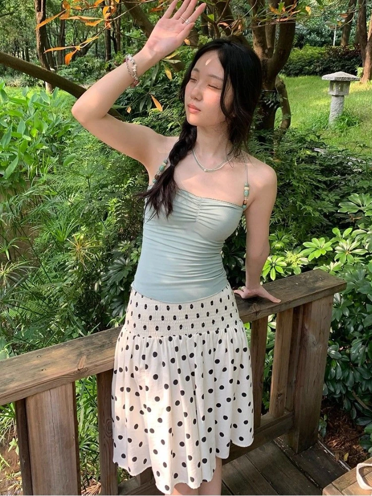 Deeptown Korean Style Polka Dot Skirts Women Sweet Elegant Y2k Ruffle Skirts Vintage Summer Femal A-line Mid Skirts Aesthetics