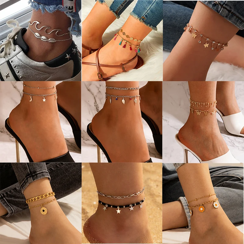 docona Vintage Butterfly Tassel Silver Color Anklets for Women Charms Animals Layered Adjustable Round Metal Foot Chains Jewelry