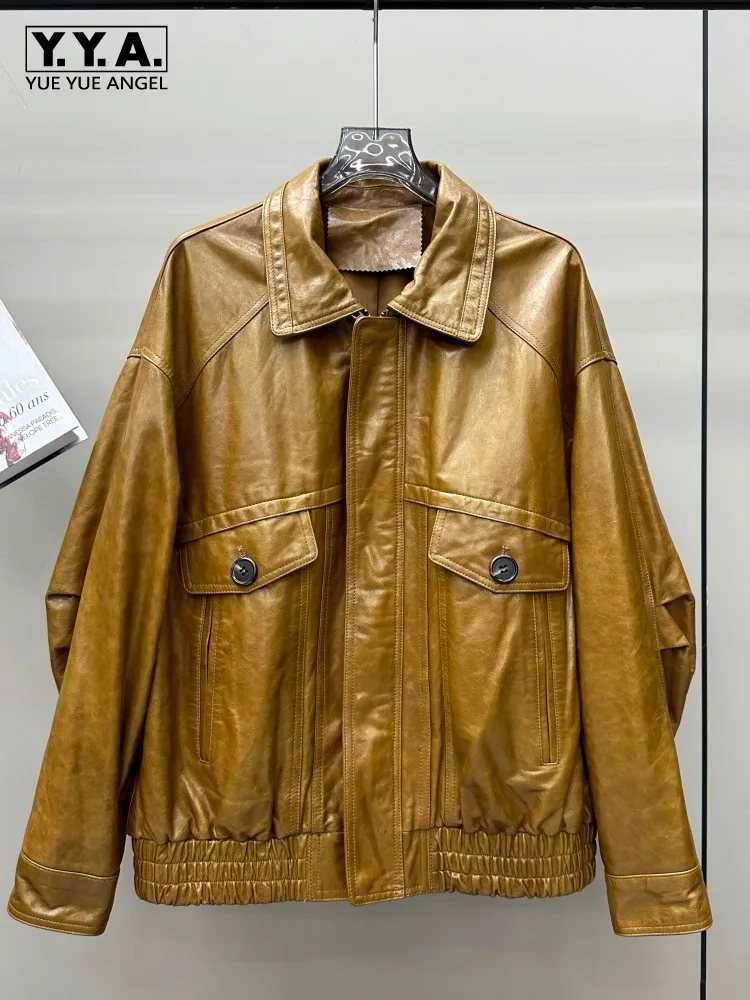 الخريف خمر النفط الشمع معطف جلد الغنم عادية فضفاضة تناسب المرأة سترة جلدية حقيقية ترتيب الأسرة طوق ملابس خارجية سترة واقية الإناث
