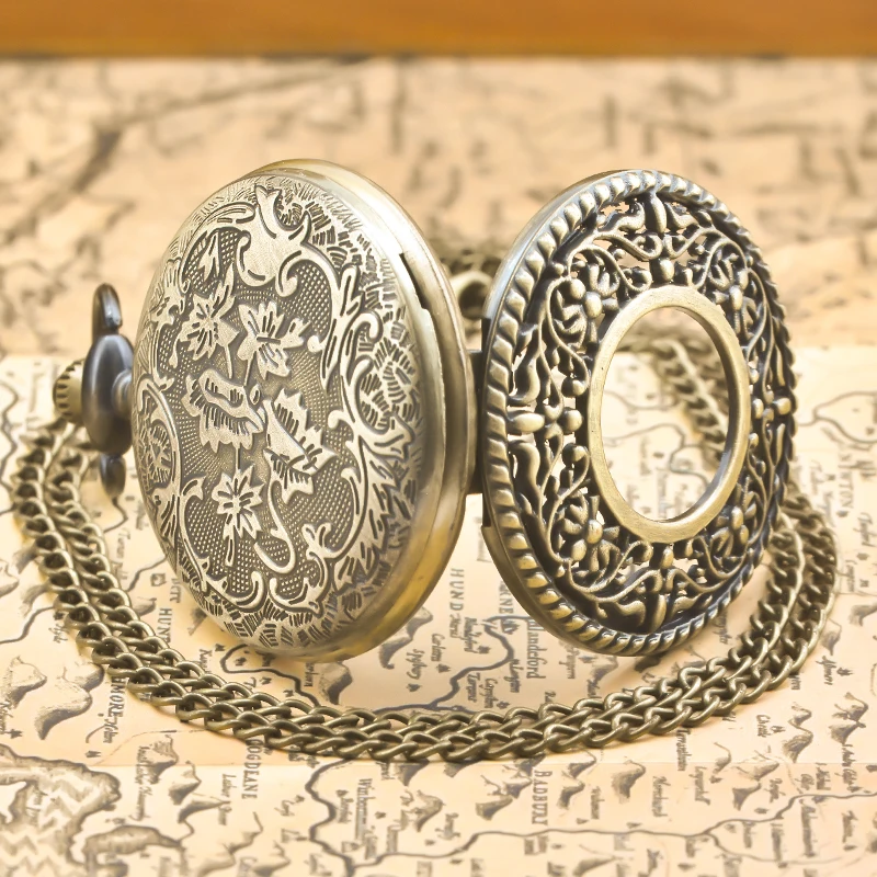Retro Bronze Steampunk Openwork Flip Quarz Jungen und Mädchen Student Halskette Gedenktaschenuhr