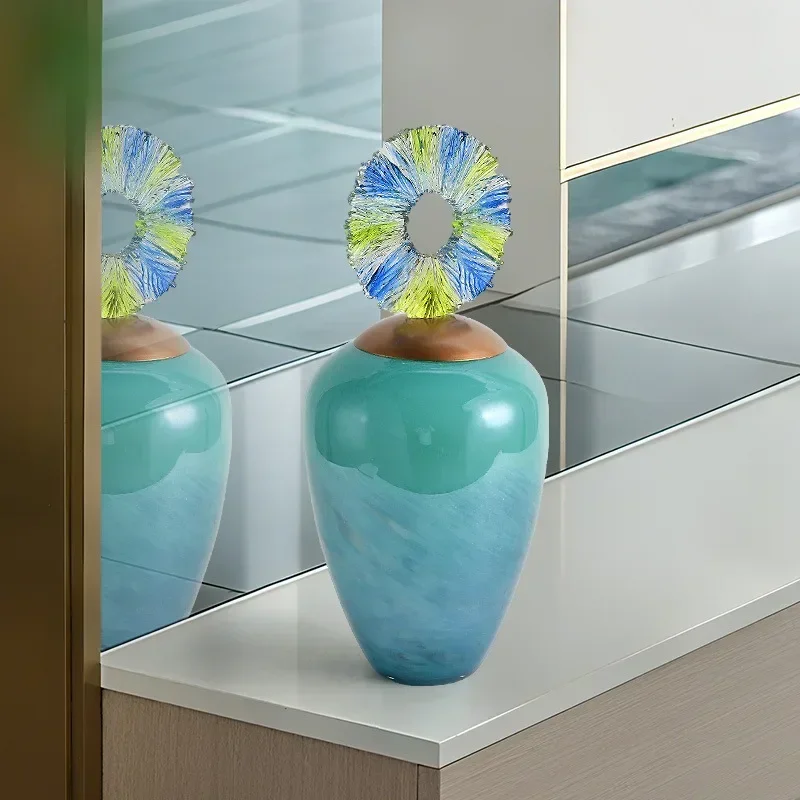 DSA large diameter glass vase ornament with lid resin living room flower arrangement new Chinese entrance flower device retro