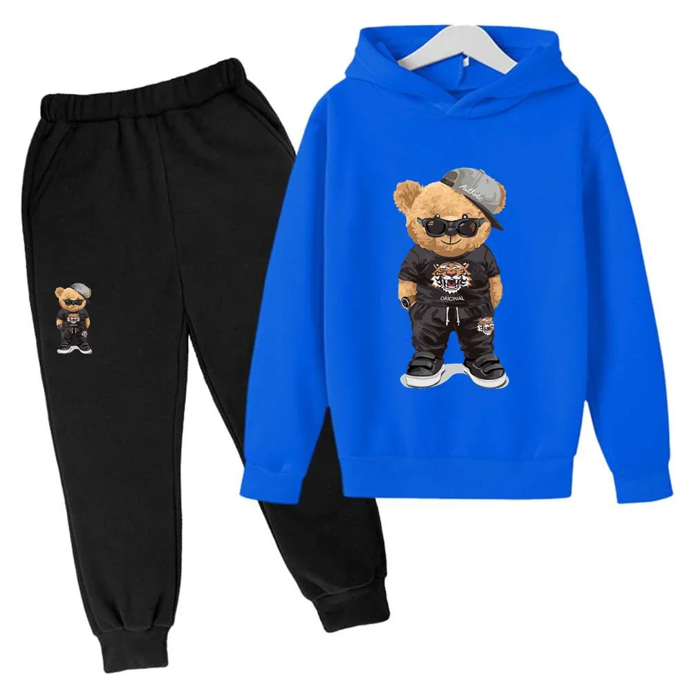 2024 New hooded hoodie set 3-12 years old boys and girls top pants sweater knitwear fashion cute picture 2-piece set