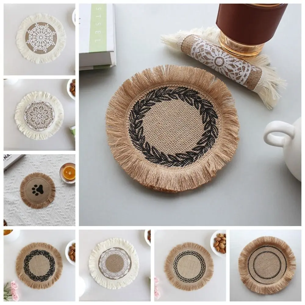 New Cotton Jute Absorbent Coasters Non-slip Embroidery Woven Placemat Jute Nordic Style Braid Coaster Kitchen