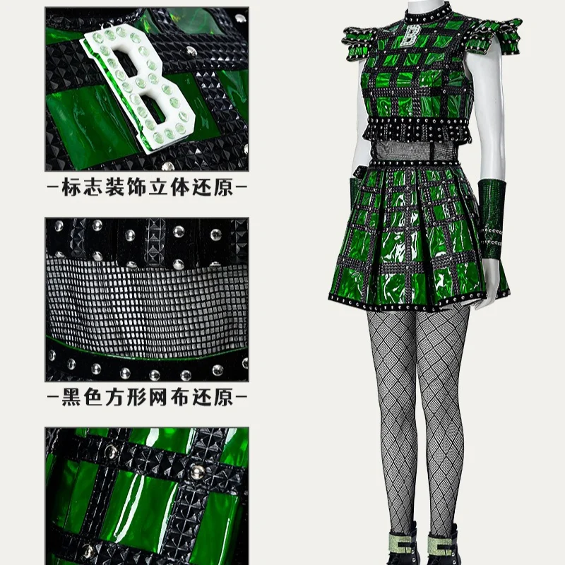 SIX The Musical Cosplay Costume Anne Boleyn Green Faux Leather Mini Skirt Black Fishnet Tights Set for Women’s Halloween Dress view 5