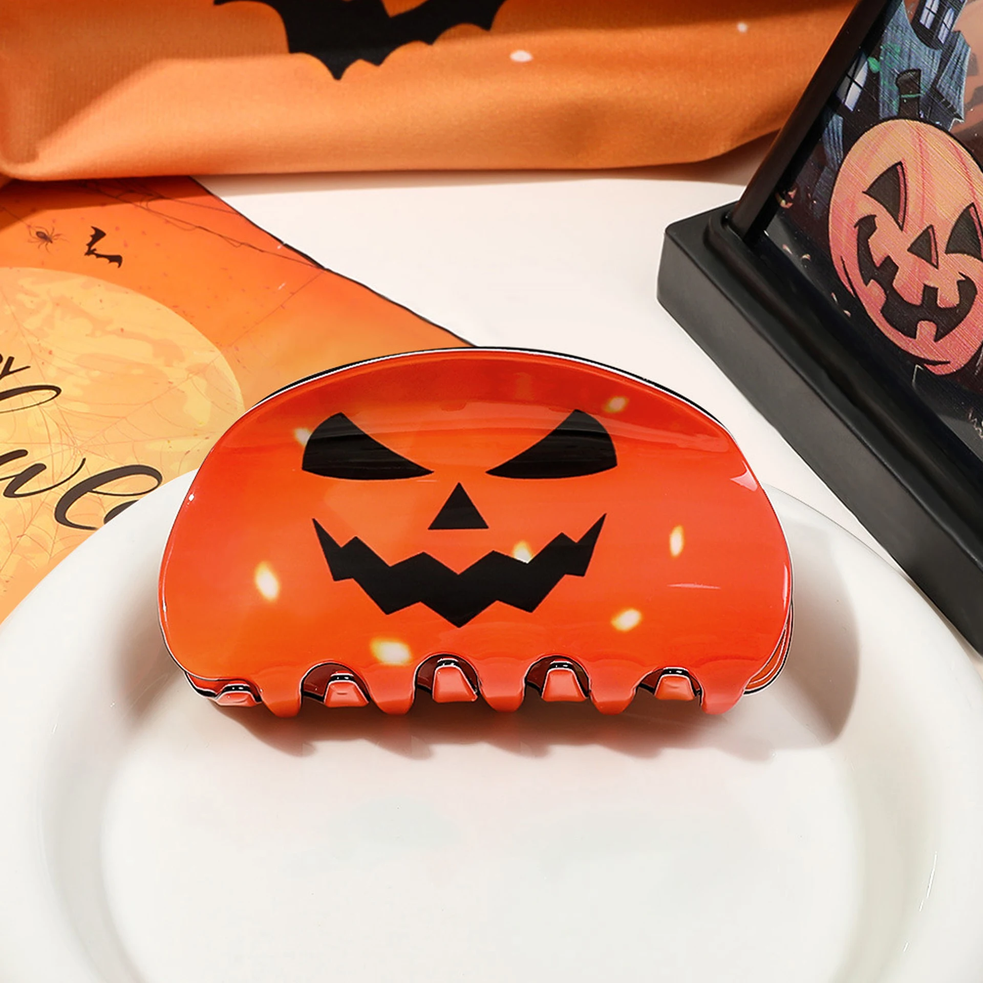 1 Stück Halloween Gruselige Fledermäuse Geister Schreckliche Atmosphäre Dekorationen Haarklammern für die Rückseite des Kopfes Kürbis-Haarspange – Detail 5
