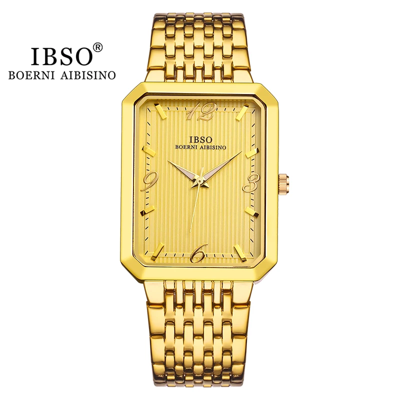 IBSO Ultra-Thin Men Quartz Watch Luxury Style Rectangle Dial Stainless Steel Strap Waterproof 3ATM Wristwatch Relogio Masculino