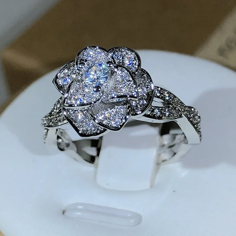 Luxury Big Rose Flower Ring Cute Boho Female Rose Gold Engagement Ring Vintage Party Wedding Band Rings For Women Jewelry gift