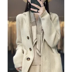 Autumn and Winter Women's Solid Color Suit Collar Long Sleeve Single Breasted Knitted Cardigan Pockets Fashion Office Lady Tops