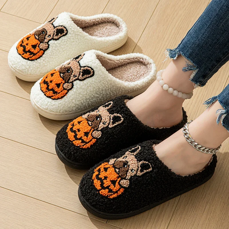 

Pumpkin Dog Pattern Embroidered Slippers Women Indoor House Comfortable Cartoon Slippers Woman Winter Plush Warm Cotton Shoes