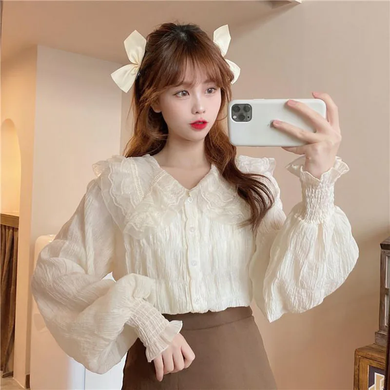 Fashion Peter Pan Collar Ruffles Lace Folds Shirts Women Clothing 2023 Autumn Loose Solid Color Sweet Tops Lantern Sleev Blouses