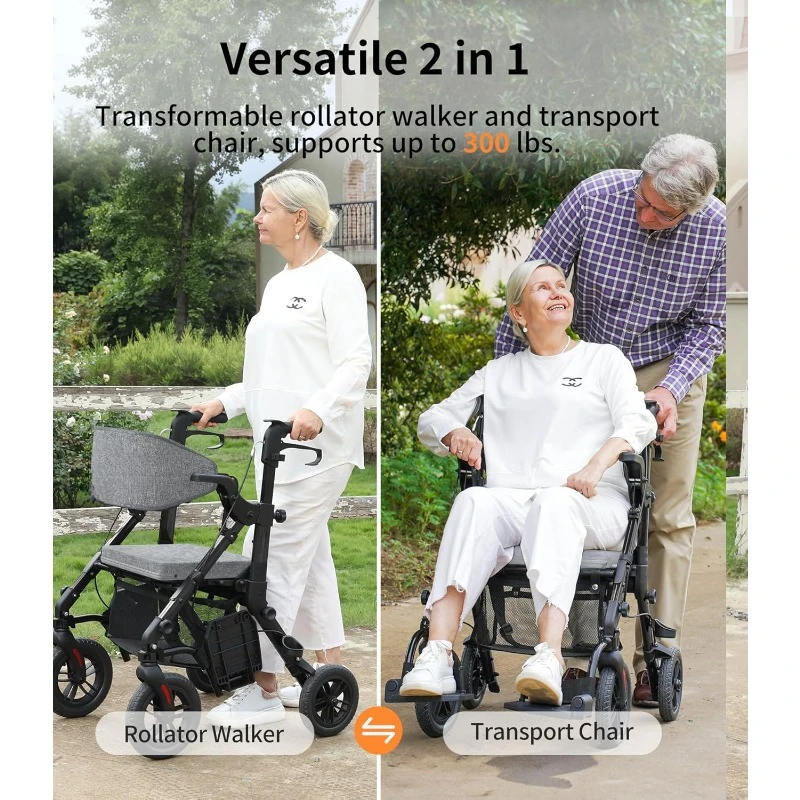 Rollator-Walkers-for-Seniors-with-Seat, Walker Wheelchair Combo, Transport-Wheelchair-Lightweight-Foldable