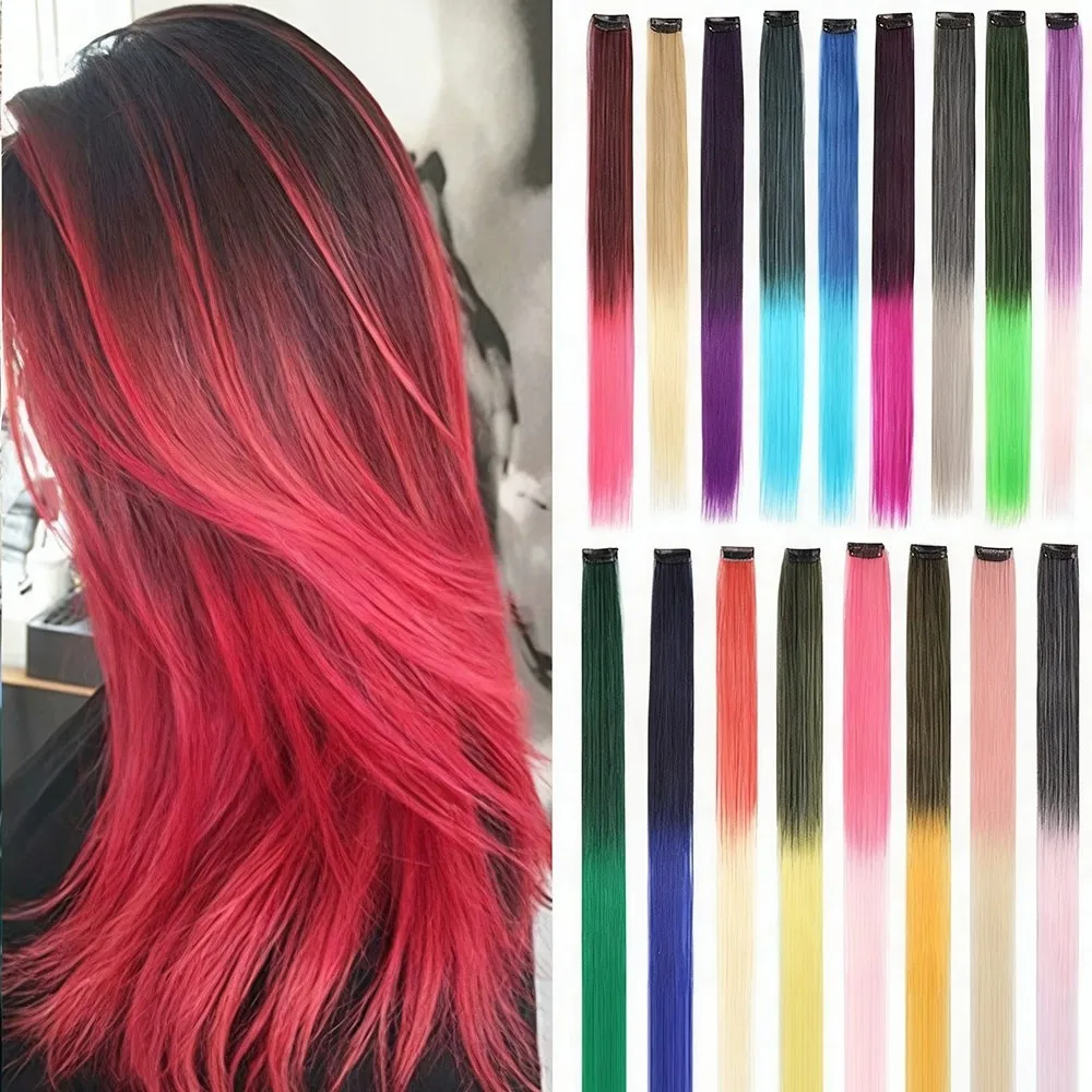 

Fashion Synthetic Clip in Hair Extensions Long Straight 22 Inches Wig Hairpieces Rainbow Colorful Hair Highlights Girls