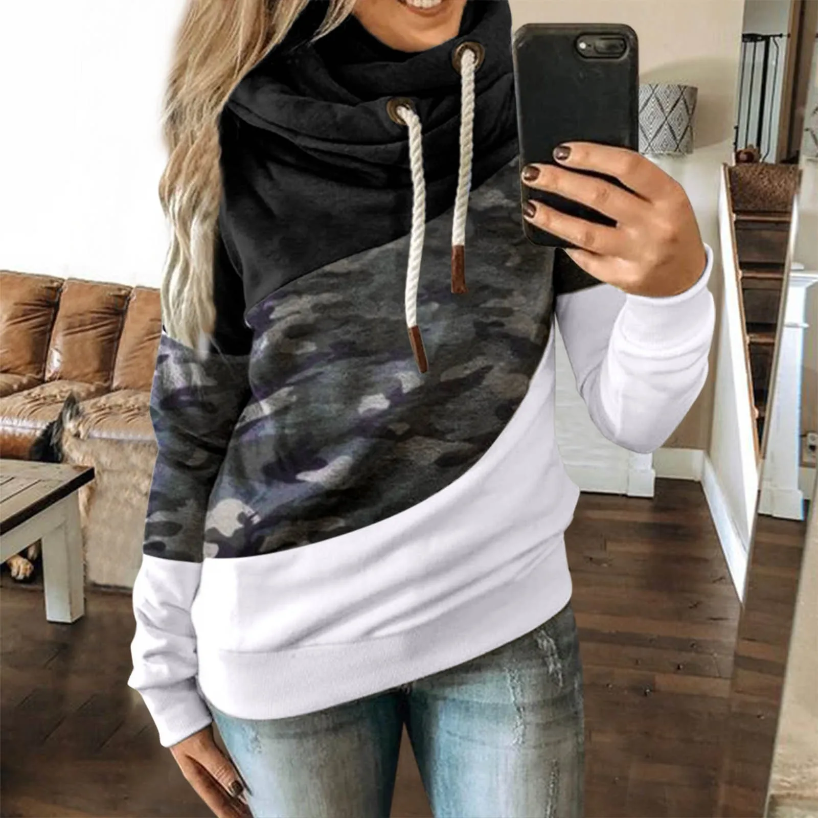 Y2K Clothes Hoodies for Women Vintage Color Block Print Hooded Pullover Casual Long Sleeve Drawstring Sweatshirt Blouse Tops