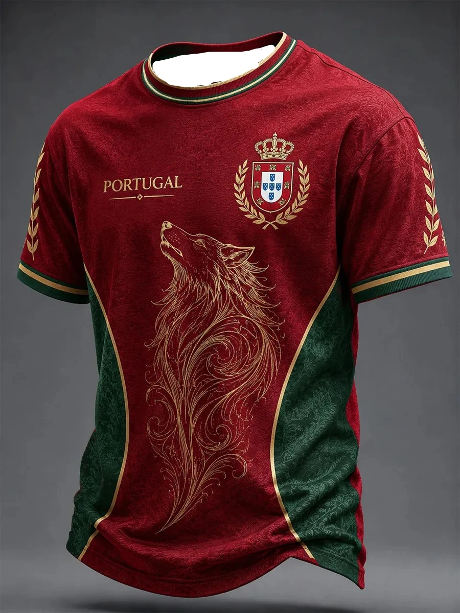 Hot selling Portuguese Gold Thread Spirit Wolf Quick drying Short sleeved Men's and Women's Breathable Ethnic Style Sports Shirt