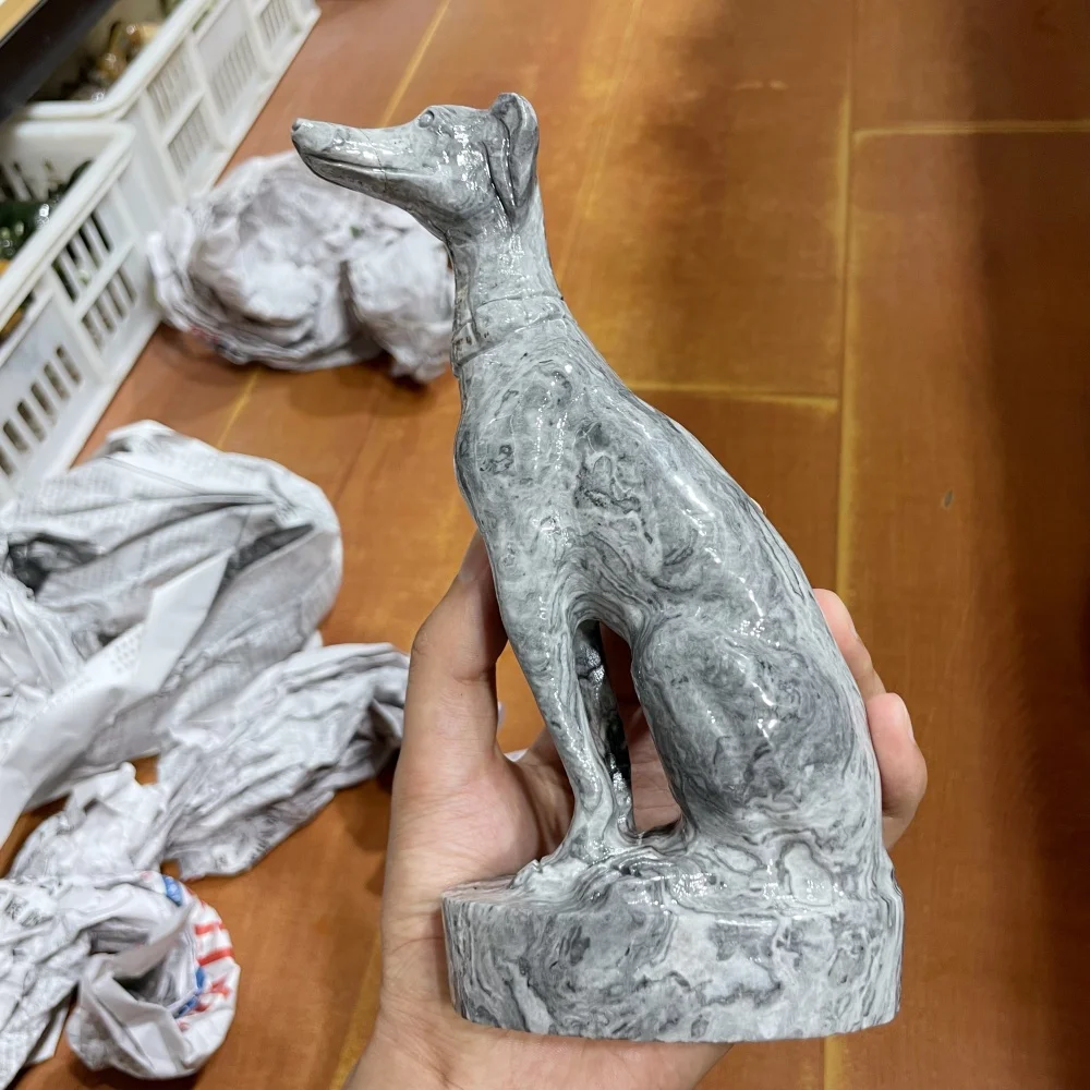 18cm Natural Picasso Stone Sitting Greyhound Statue Hound Dog Sculpture Stone Animal Craft Home Decoration Collectible Gift