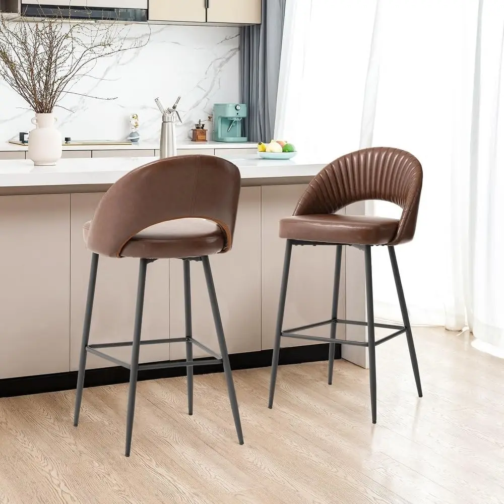 Glitzhome Modern Mid Century Leatherette Barstools Set Of 2, 30”H Bar Height Faux Leather Bar Stools With Back Metal Legs,