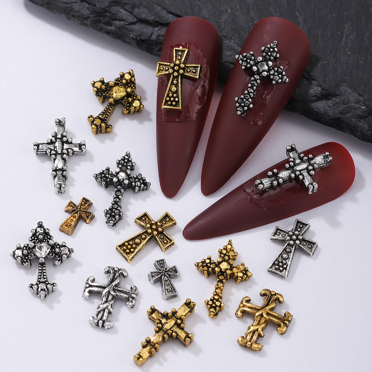 60pcs vintage gold and silver cross nail decoration, alloy rhinestone, y2k metal style DIY nail styling decoration