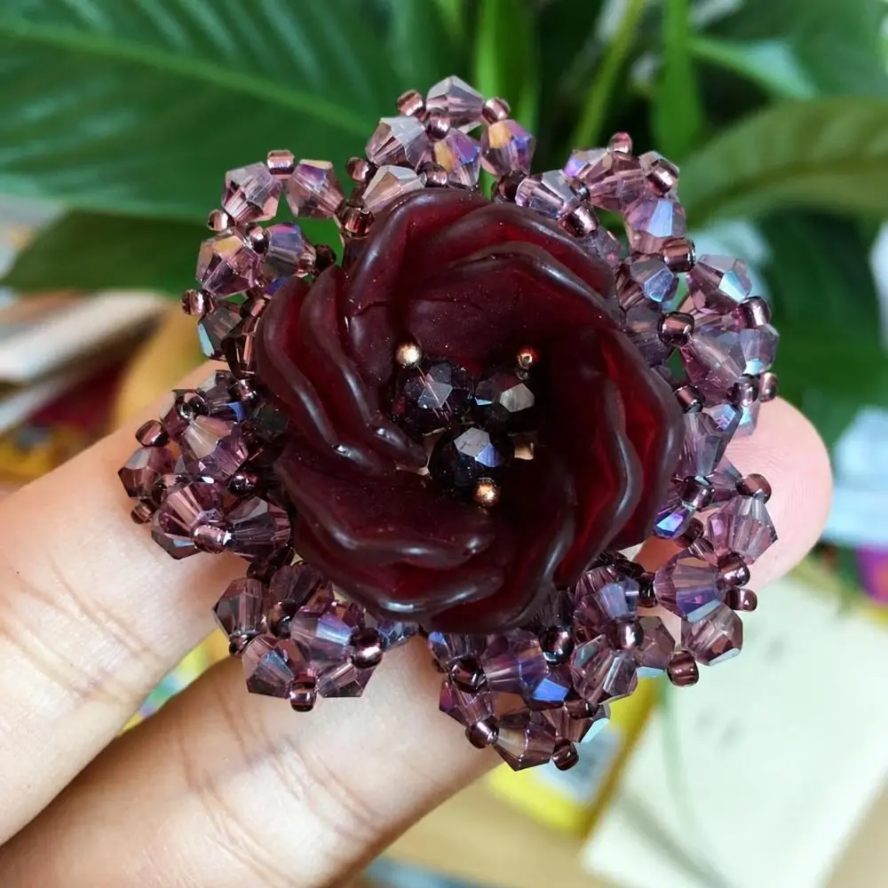 decorative Colorful Woven Texture Rhinestone Beaded Patches Handmade DIY Floral Applique Sweet Flower Brooch Sewing Decoration