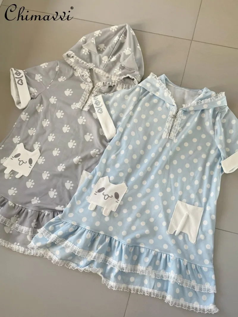 オリジナル水玉模様の青とグレーのプリント半袖Tシャツワンピース レディース 可愛いレース猫耳付きゆったりガールズカワイイショートドレス