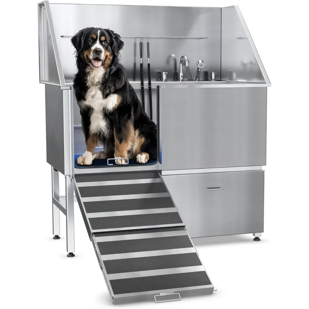 Dog Bathing Station - Dog Grooming Tub w/Ramp, Storage Drawer, Floor Grate & Faucet/Dog Bathtub for Large, Medium & Small Pets