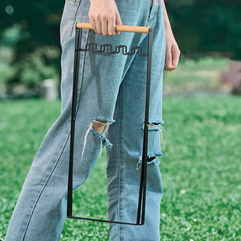 Iron Garbage Rack Portable Folding Trash Rack With Metal Support Wooden Handle Outdoor Picnic Barbecue Garbage Bag Rack