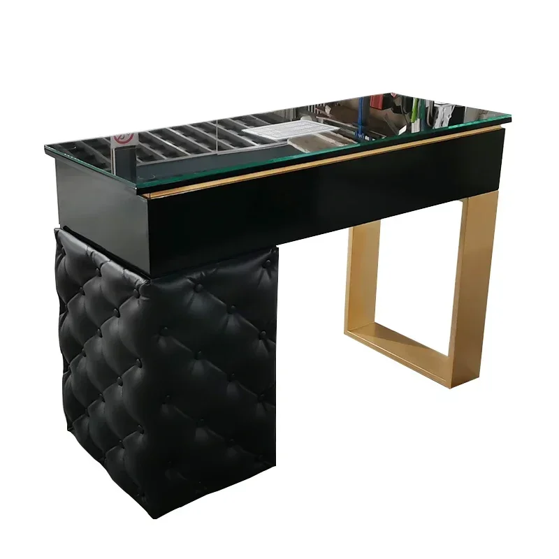 Luxury Black PU Tufted Leather Glass Top Nail Salon, Double Manicure Table, Wooden Gold Saloon Nail Table