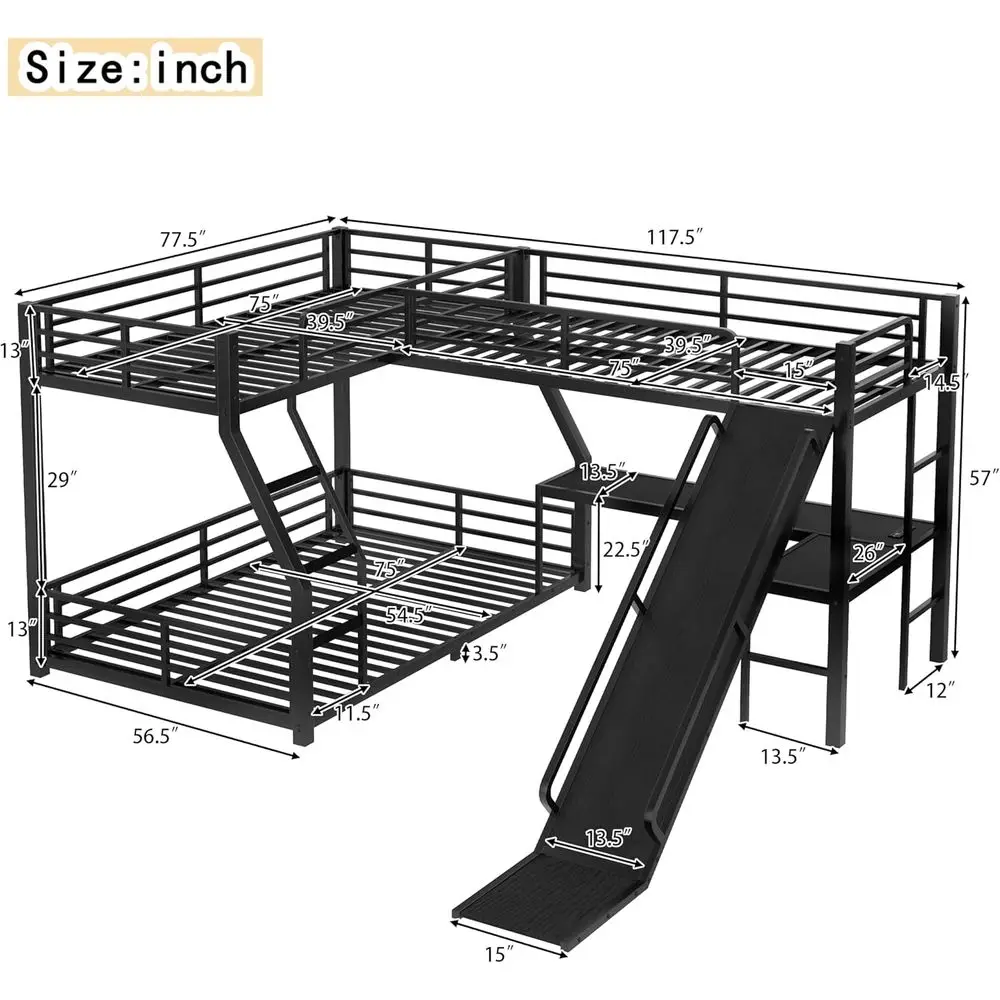 Triple Bunk Bed, L-Shaped Twin Over Full Bunk Bed with Twin Size Loft Bed, Metal Triple Bunk Bed with Slide and USB Ports, Dormi