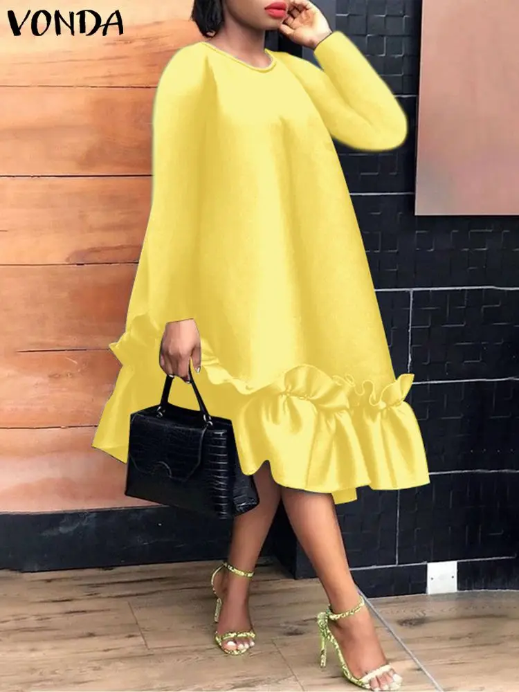 VONDA 2024 Summer Sundress Elegant Ruffled Midi Dress Women Casual Solid Color Vintage Long Sleeve Party Vestidos Robe Oversized