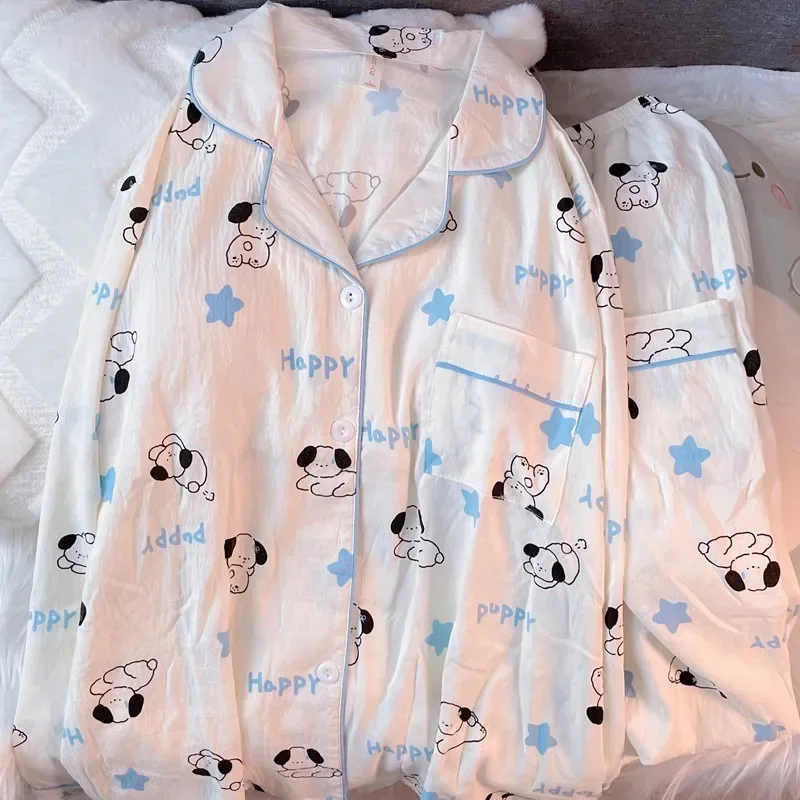 

Hello Kitty Cinnamoroll Anime Kawaii MINISO Long Sleeve Shirt Pants Pajamas Female Cute Cartoon Home Clothing Gifts for Girls