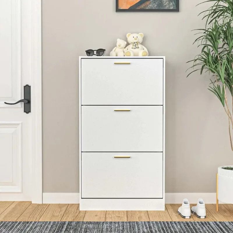 Narrow Shoe Storage Cabinet, Shoe Cabinet for Entryway with 3 Flip Drawers, Wood Hidden Storage