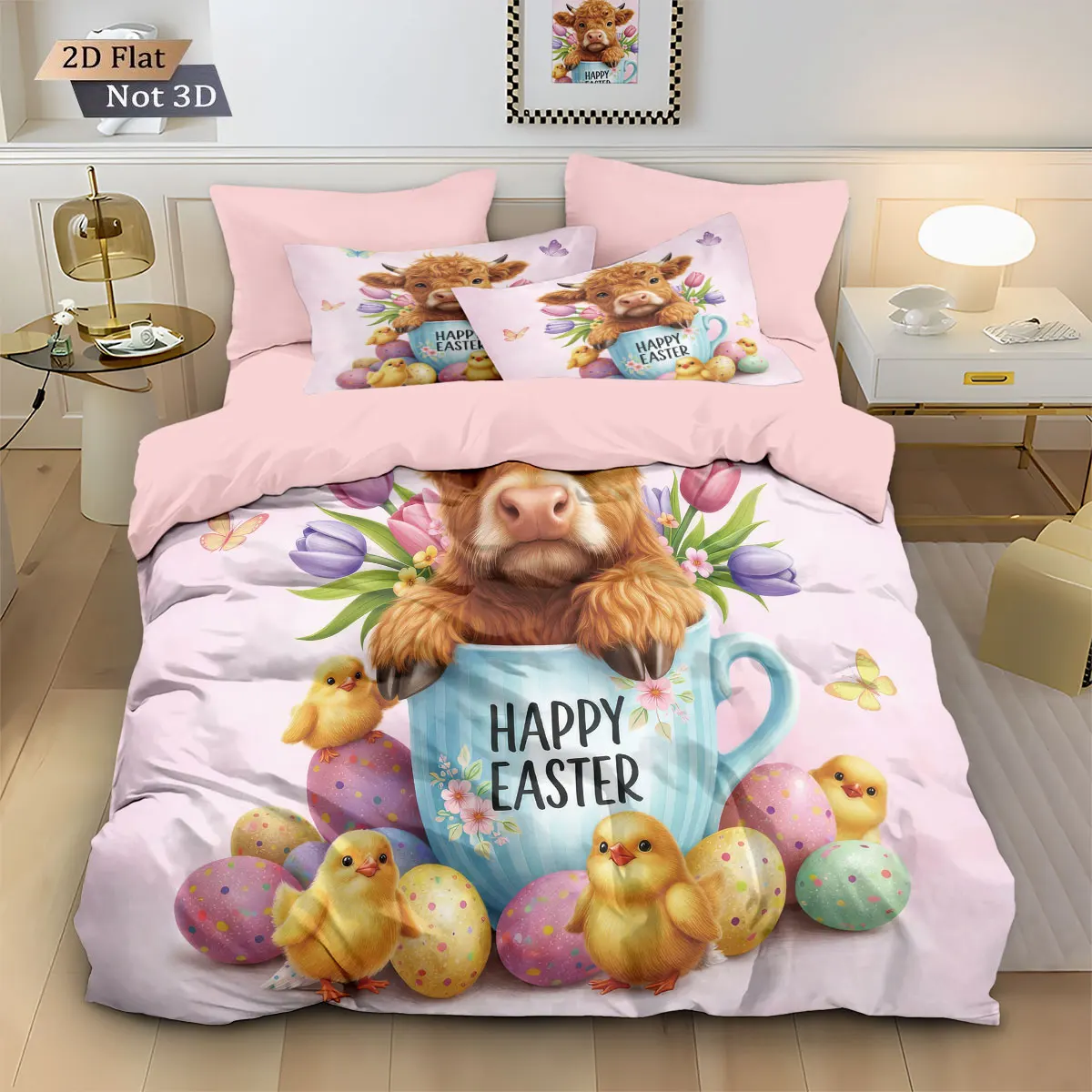 

Комплект из 3 предметов: пододеяльник с принтом «Хайлендская корова» и пасхальными яйцами, для спальни, общежития, декоративное постельное белье, машинная стирка, разные размеры