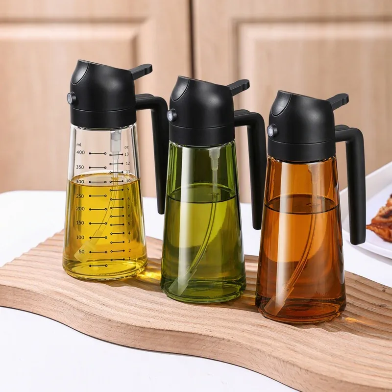 2 in 1 Oil Sprayer and Dispenser Bottle, Glass Oil Spray Bottle with Handle, Dual Purpose Oil Container for Air Fryer, Kitchen Cooking, Baking
