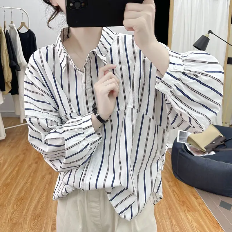 2024 Autumn Women Vintage Striped Lapel Button Up Shirt Casual Streetwear Long Sleeve Blouse Trendy Cotton Loose Irregular Tops