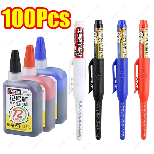 100-1 Uds. Rotuladores de carpintero con cabeza de punta larga de 45mm, rotulador de agujero blanco/negro/azul/rojo para medir herramientas manuales de carpintería