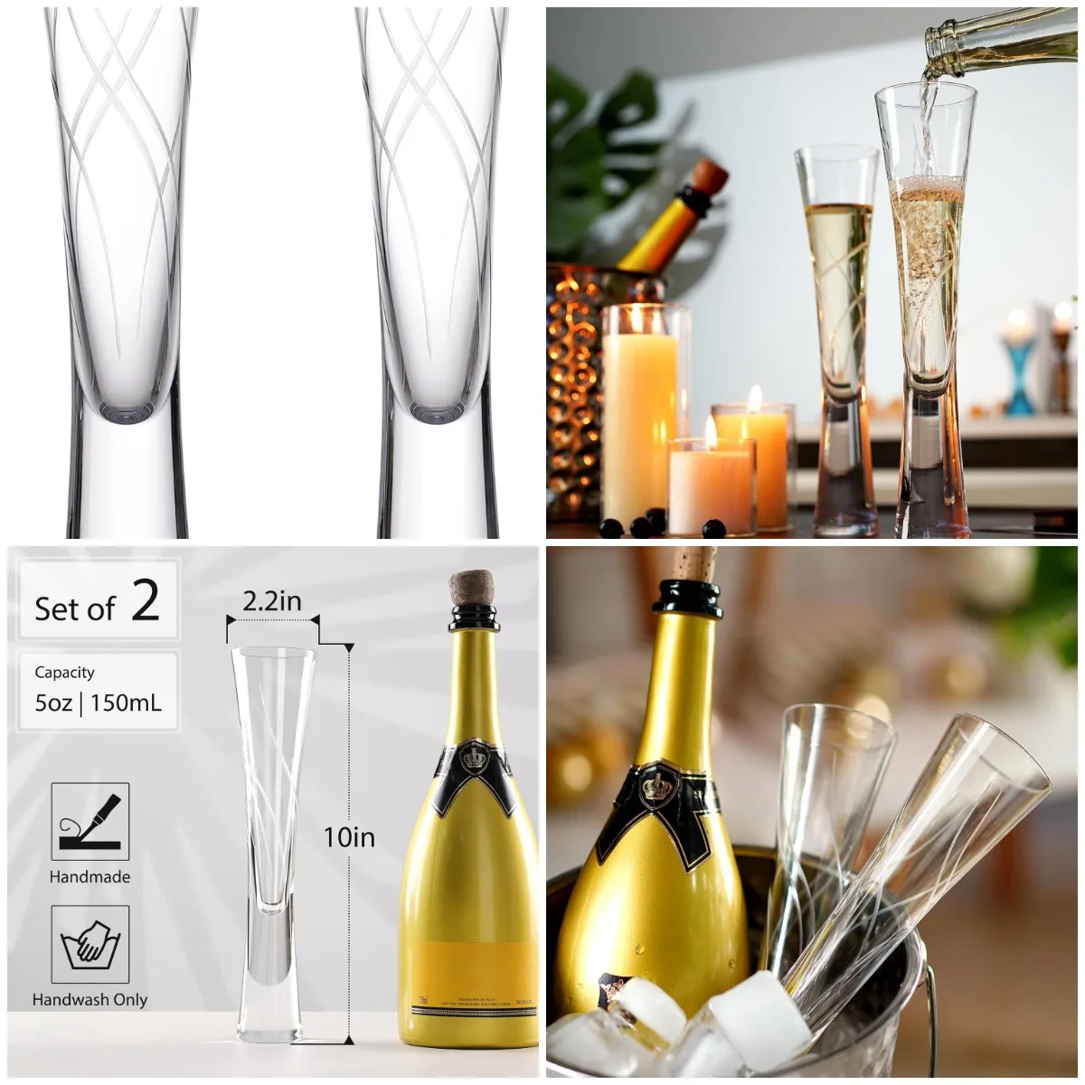 

Champagne Glasses, 5 oz Hand-Blown Crystal Flutes with Carved Design, Set of 2 for Wedding Anniversary