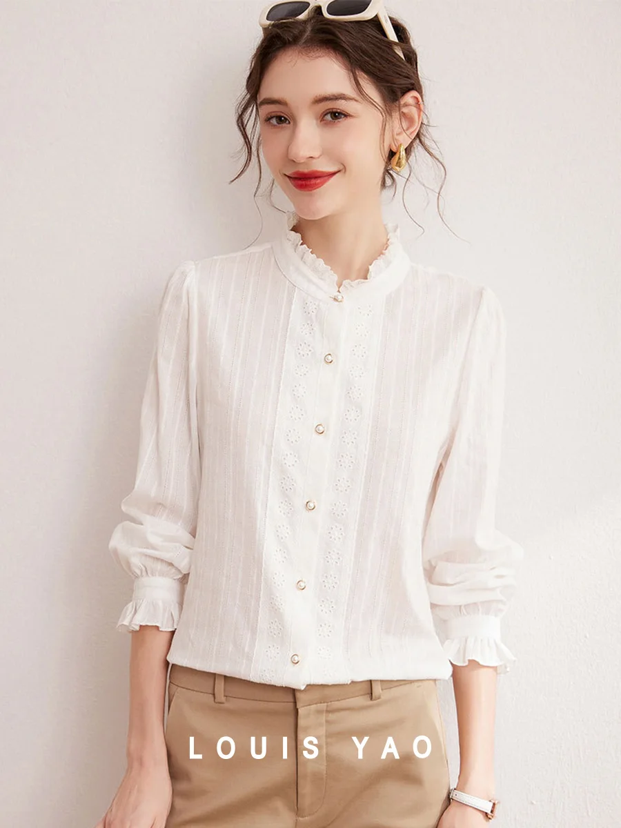 

LOUIS YAO 2025 Spring Autumn Ruffle Edge Standing Collar Cotton Embroidered Pattern Adorned Long Sleeve Women's Shirt