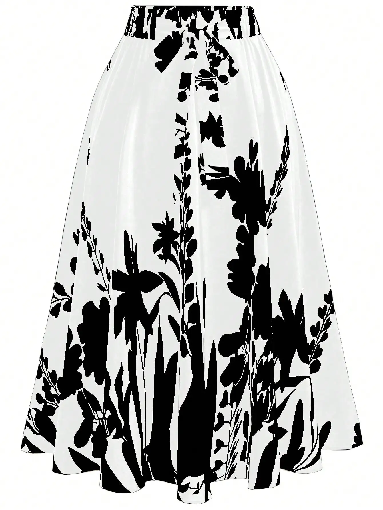 Damen Midirock mit hoher Taille und Blumenmuster – Schwarz-weißer A-Linien-Swingrock mit elastischem Bund für Sommer und Frühling – Detail 4