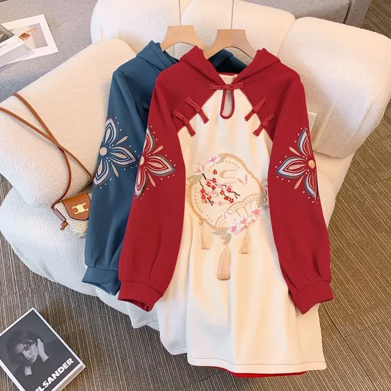 Modern Chinese Style Long Sleeve Hooded Vintage Dress New Plush And Thick Stitching Embroidered Red Sweatshirt Dresses New