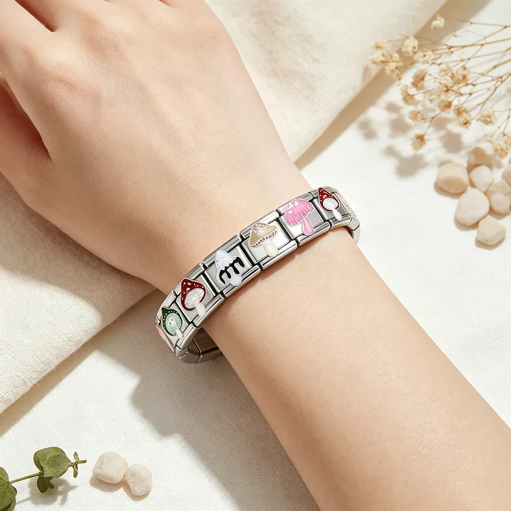 Modischer Edelstahlschmuck aus der niedlichen Pilz-Serie, italienische Glieder, passend für 9-mm-Anhänger, Großpackung für Armbandherstellung, DIY-Perlenzubehör – Detail 5