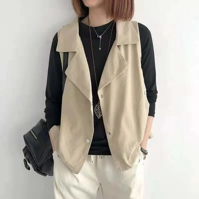 

Vest Jacket Sleeveless Cardigan Women Suit Collar Button Waistcoat Spring Autumn New Loose Gilet Coat Short Black Chaleco Mujer