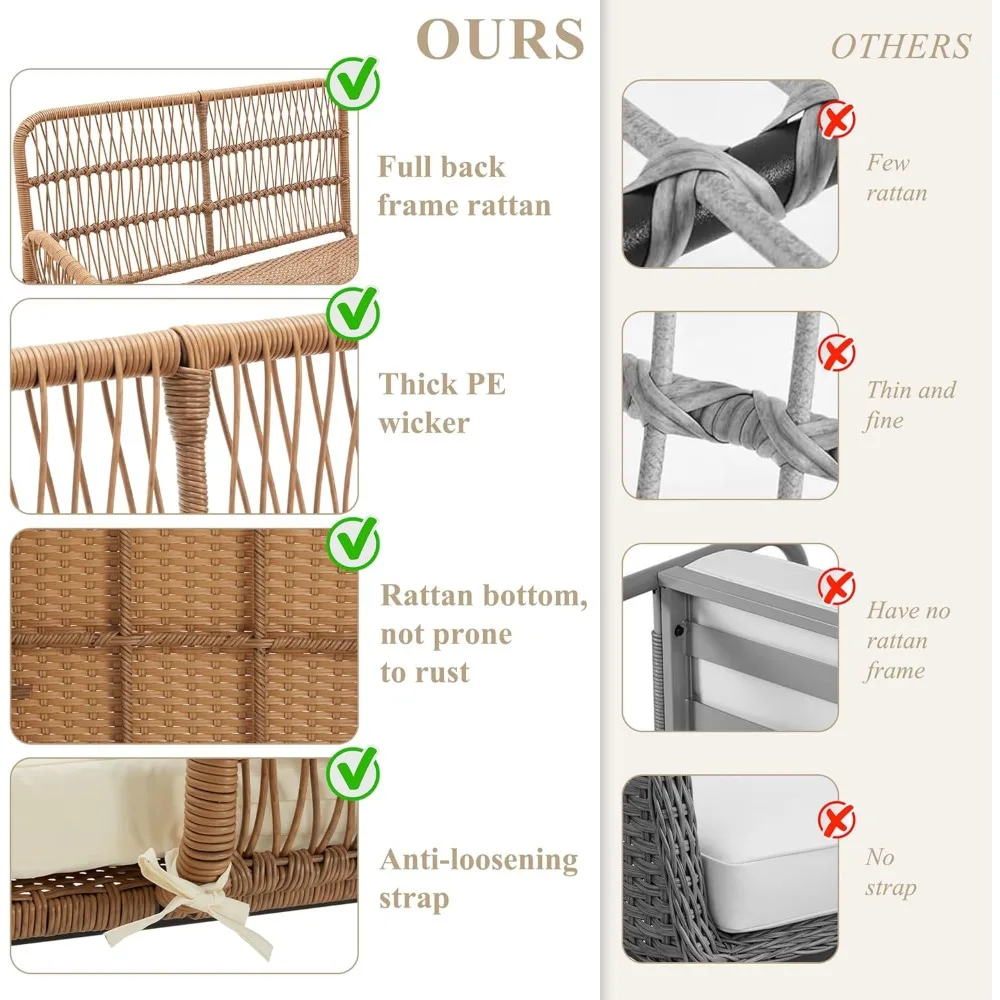 Conjunto de móveis para pátio externo de 3 peças, sofá secional de vime em forma de L com almofadas grossas, mesa de centro de vidro – Conve para todos os climas
