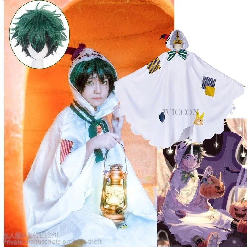 Anime My Boku No Hero Izuku Academy Midoriya Cosplay Costume Halloween Ghost Hooded Cloak Kawaii Coat Party Wear Green Wig Cos