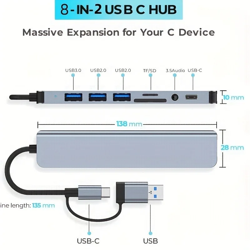 USB 8 In 2 HUB With Splitter Card Reader, USB C Port USB 3.0 / 2.0 SD/TF Splitter Card Reader Docking Station