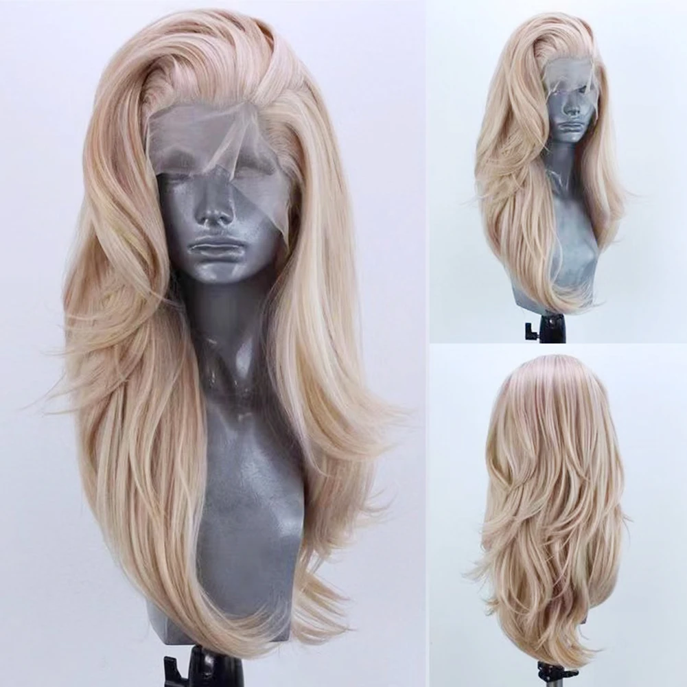 AIMEYA Mix Blonde Wig Long Natural Wave Synthetic Lace Hair Heat Resistant Lace Front Wig Loose Curly Daily Use Cosplay Wigs