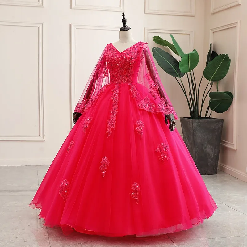 Luxury Lace Long Sleeve Vestidos Quinceanera Dresses Party Dress V-neck Prom Dress Classic Homecoming Ball Gown Plus Size