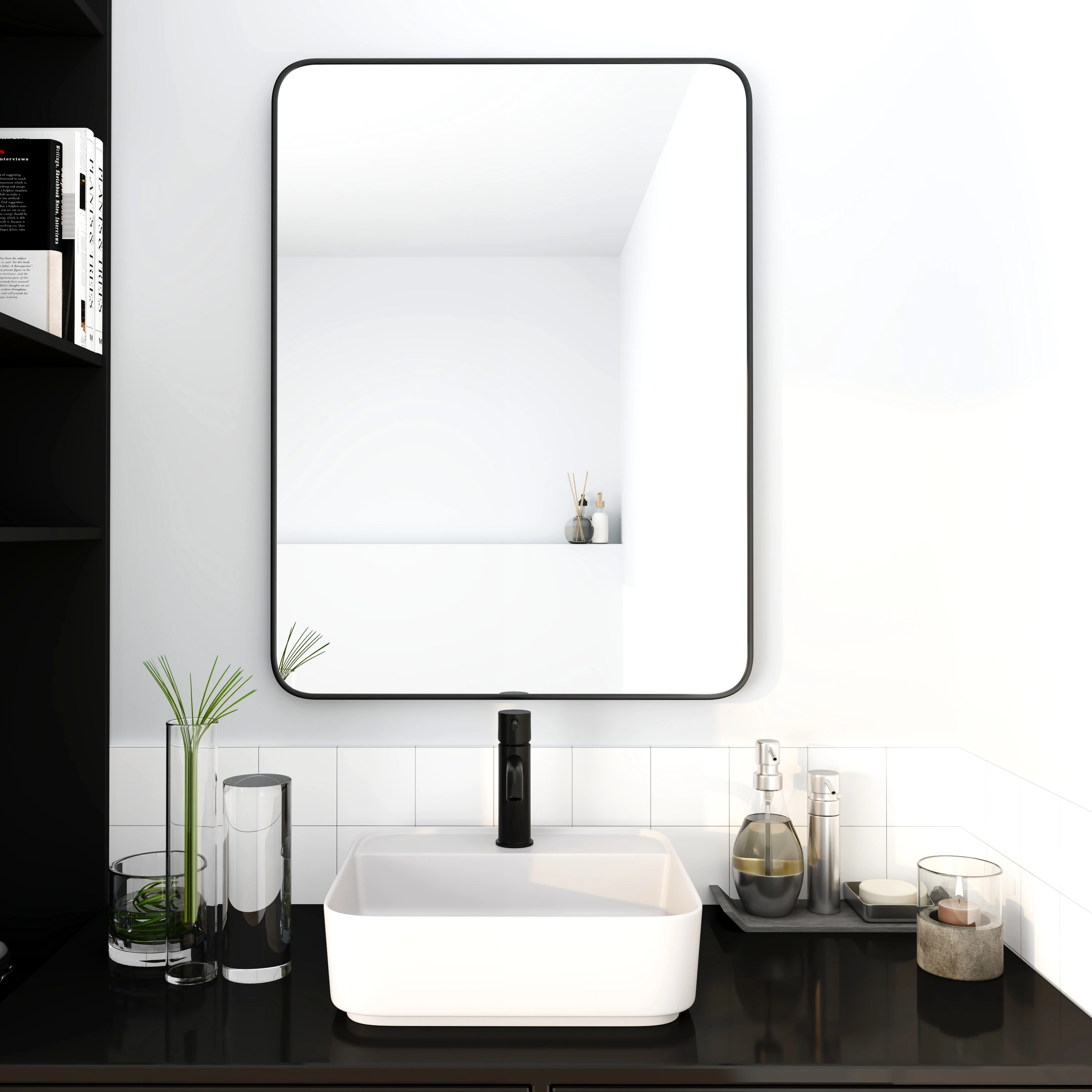 Black Framed Bathroom Mirror for Wall, Rounded Corner Rectangle Vanity Mirror, Hangs Horizontally or Vertically 24